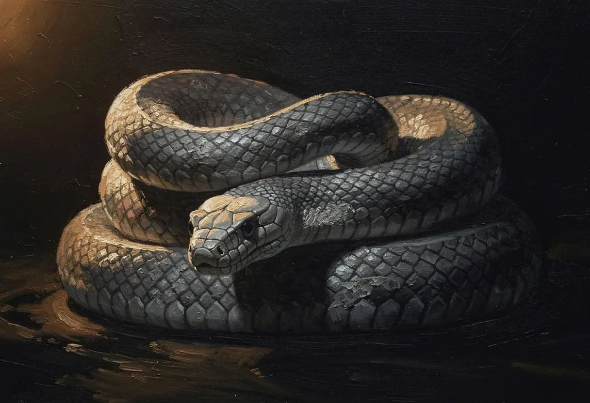 An enormous serpent coiled on itself, scales catching the light along one raised edge, head lowered and watching — painted with Leaxor