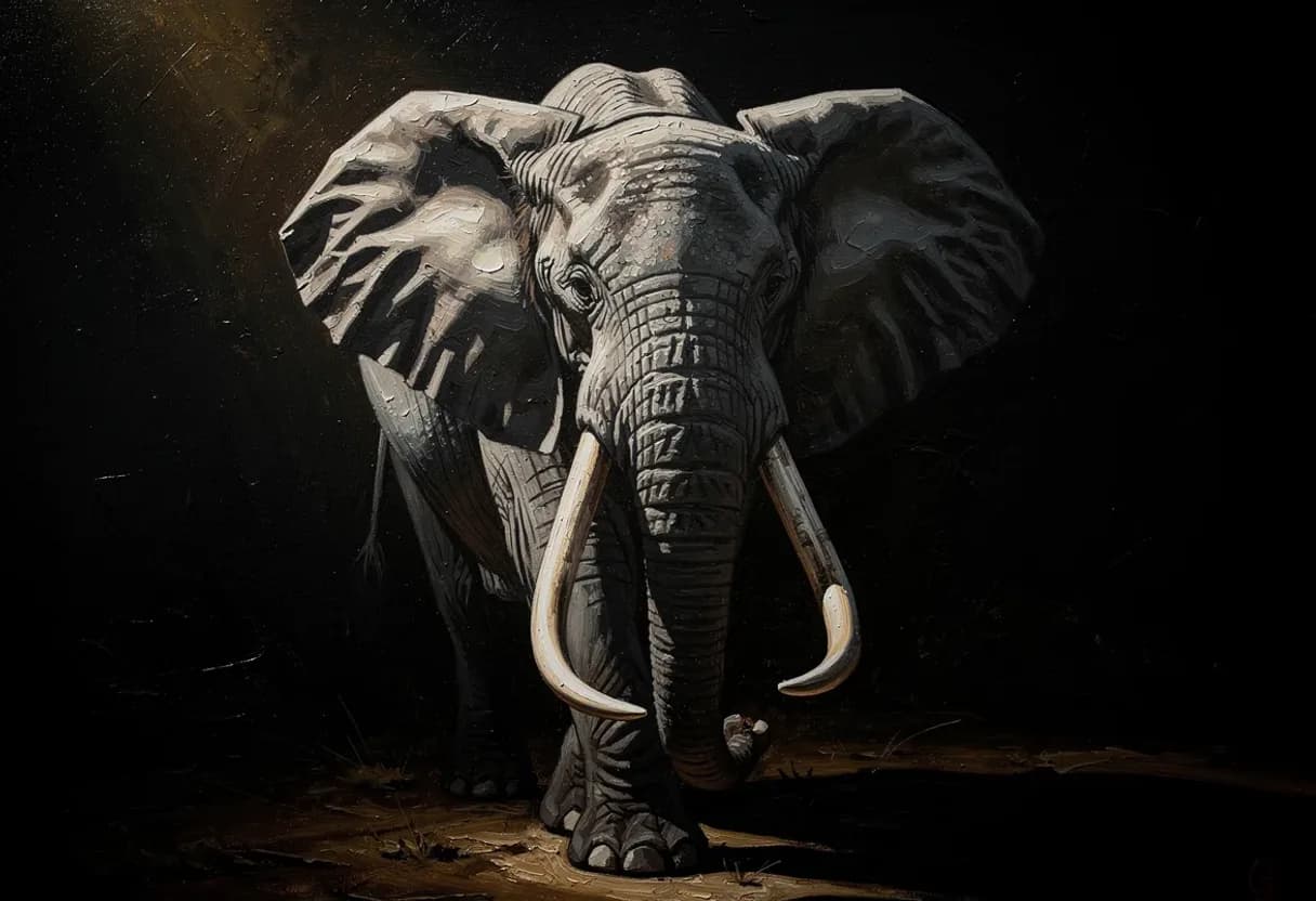 A bull elephant walking out of the dark, ears wide, tusks catching the light along their length — painted with Leaxor