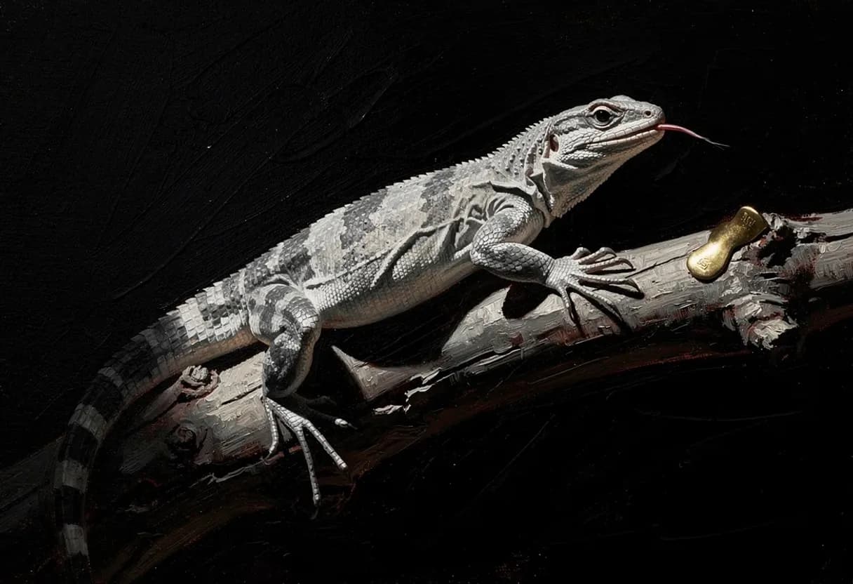 A monitor lizard climbing over a fallen branch, head raised and tongue out, tail trailing into the dark — painted with Leaxor