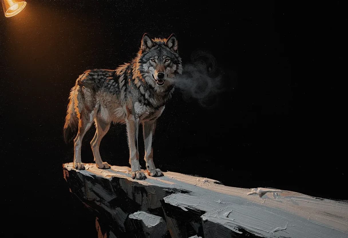 A wolf standing four-square on a snow ridge, head turned to camera, breath fogging — painted with Leaxor