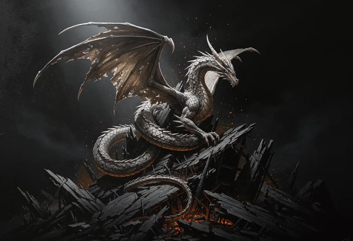 An enormous dragon coiled on a ruined mountaintop, wings half spread, embers lifting off its back — painted with Leaxor