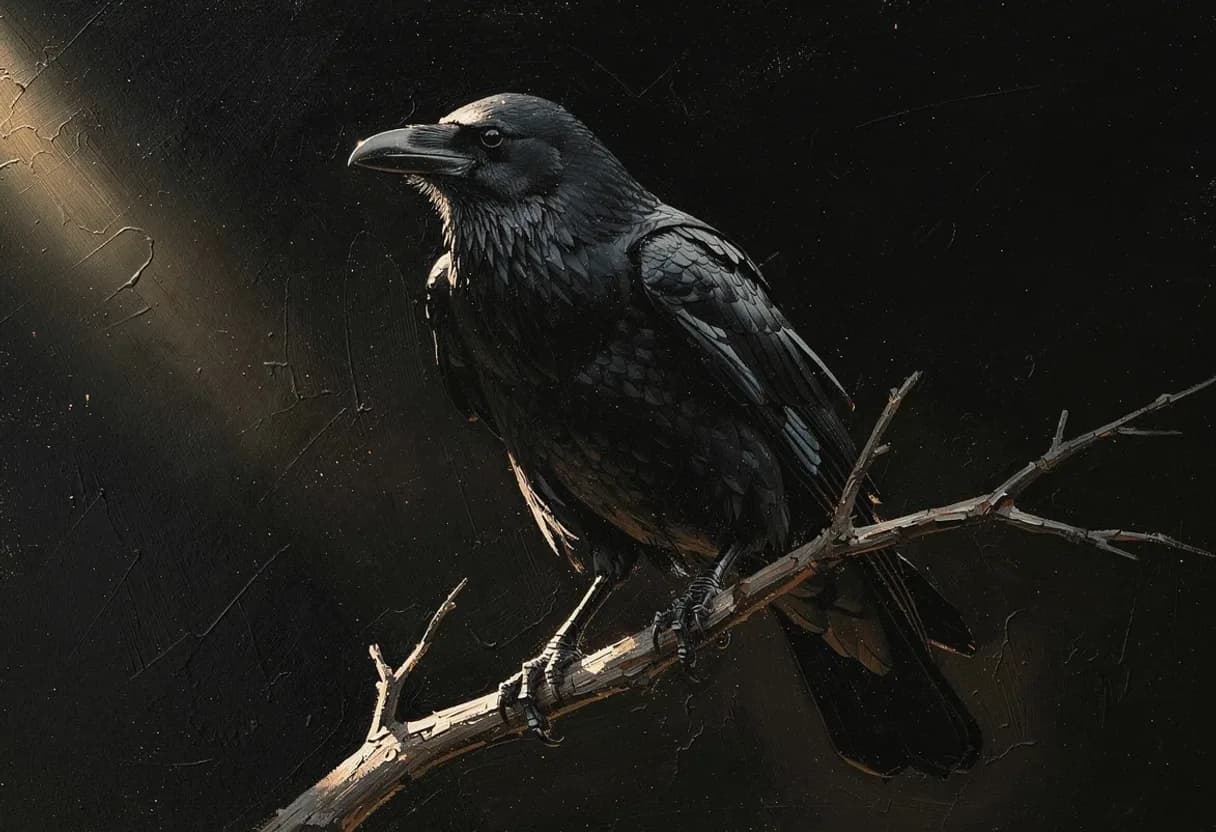 A raven on a bare branch with its head cocked, feathers separating in the light — painted with Leaxor