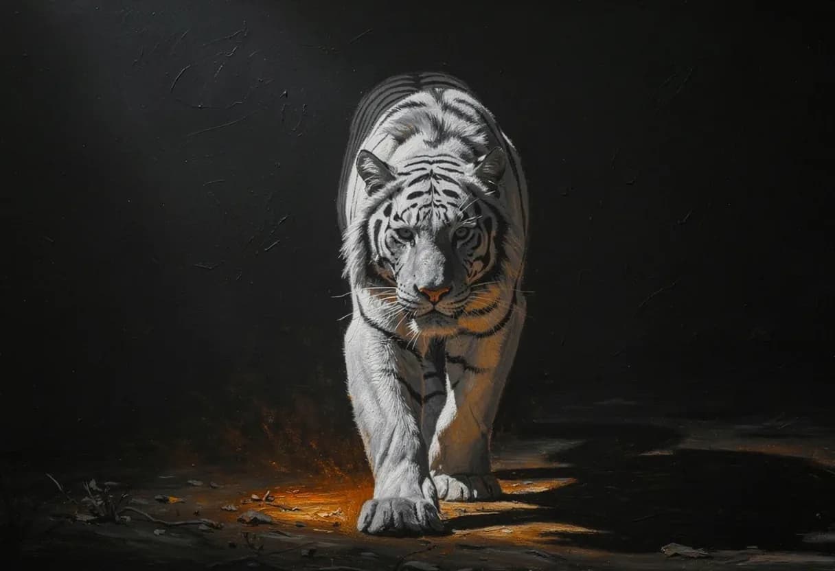 A tiger walking out of deep shadow toward camera, shoulders rolling, only the face and forelegs lit — painted with Leaxor