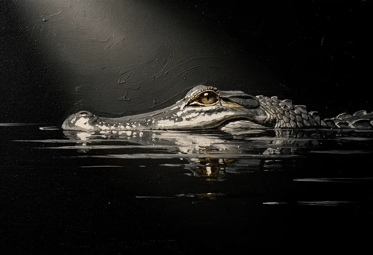 A crocodile holding station at a black waterline, only its eyes and the ridge of its back above the surface — painted with Leaxor