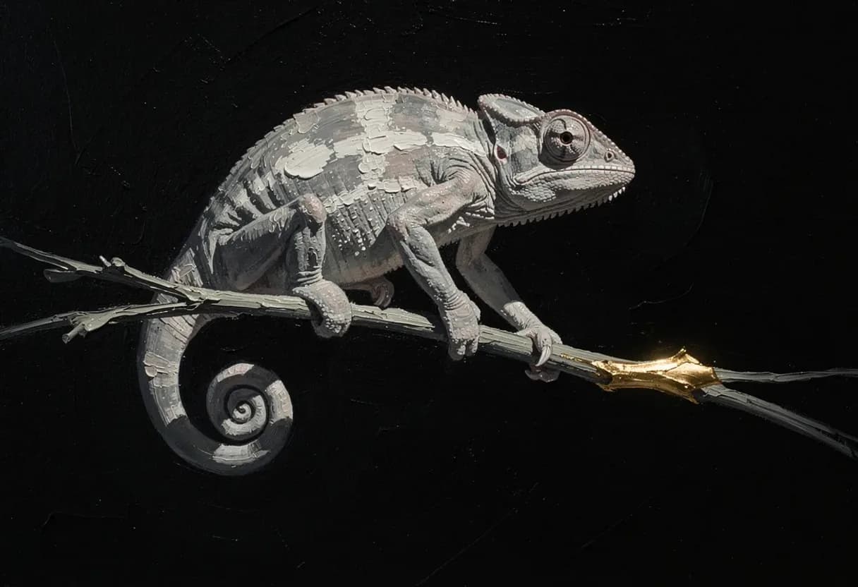 A chameleon gripping a thin branch mid-stride, one eye swivelled toward camera, tail curled tight — painted with Leaxor