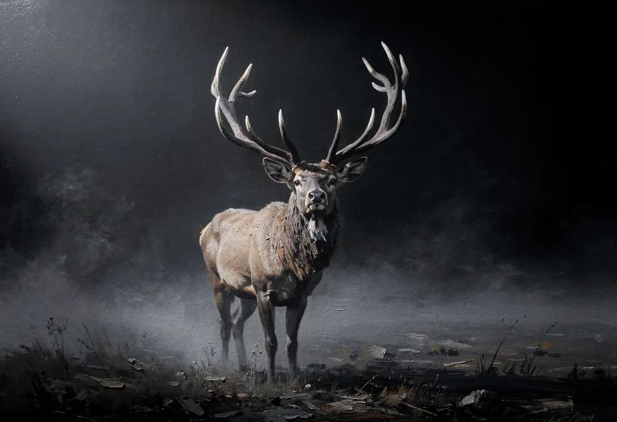 A stag carrying heavy antlers, head raised, standing alone in fog — painted with Leaxor