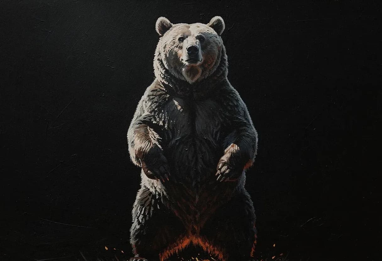 A brown bear risen onto its hind legs, forepaws loose, shoulders filling the frame — painted with Leaxor
