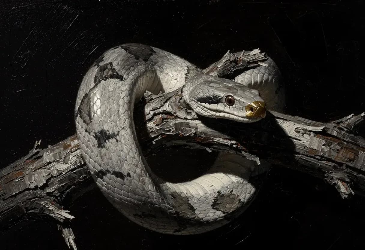A python wound in heavy loops around a dead branch, body thick and slack, head resting on a coil — painted with Leaxor