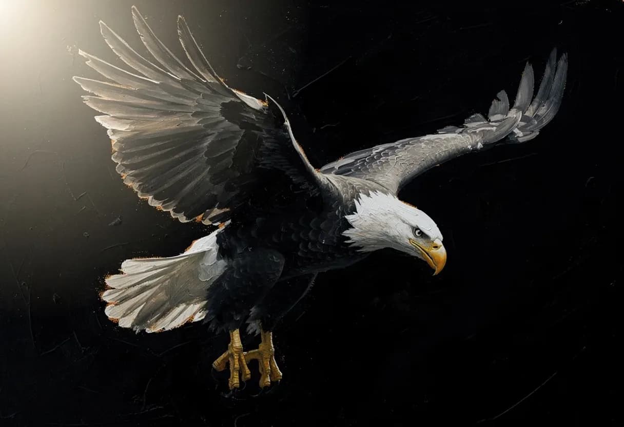 An eagle in a full stoop, wings swept back, talons opening — painted with Leaxor