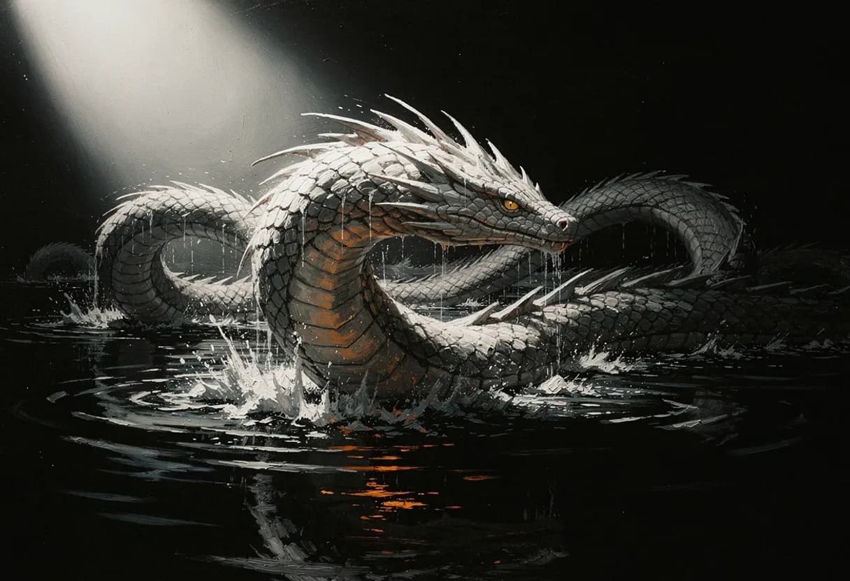A vast sea serpent breaching from black water, coils breaking the surface behind its head, sheets of water falling — painted with Leaxor