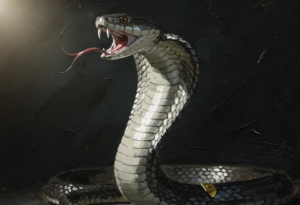 A king cobra raised with its hood flared wide, tongue out, scales glossy — painted with Leaxor