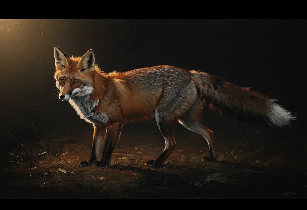 A red fox mid-turn with its brush swinging out behind it, ears pricked — painted with Leaxor
