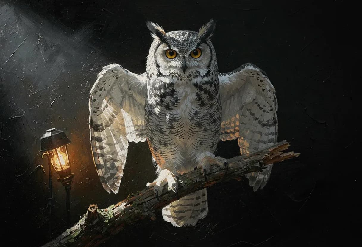 A great horned owl square to camera on a branch, wings half opened, eyes wide — painted with Leaxor