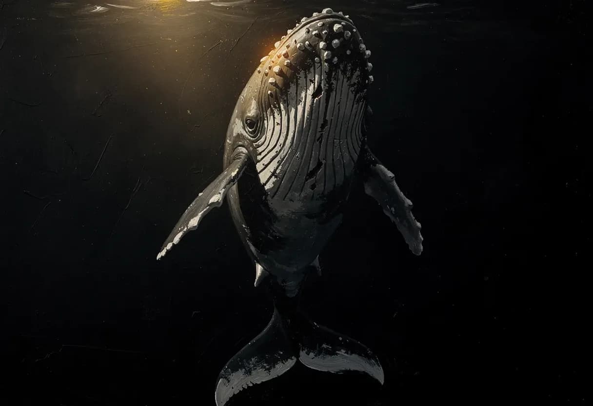 A sperm whale hanging vertically in black water, scarred head uppermost, tail lost below — painted with Leaxor
