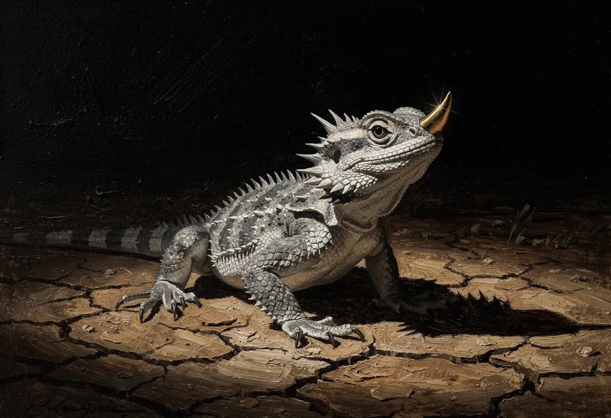 A horned desert lizard planted on cracked ground, spines along its skull catching the light — painted with Leaxor