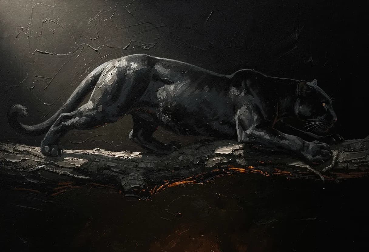 A black panther low along a branch, muscle sliding under the coat, one shoulder catching the light — painted with Leaxor