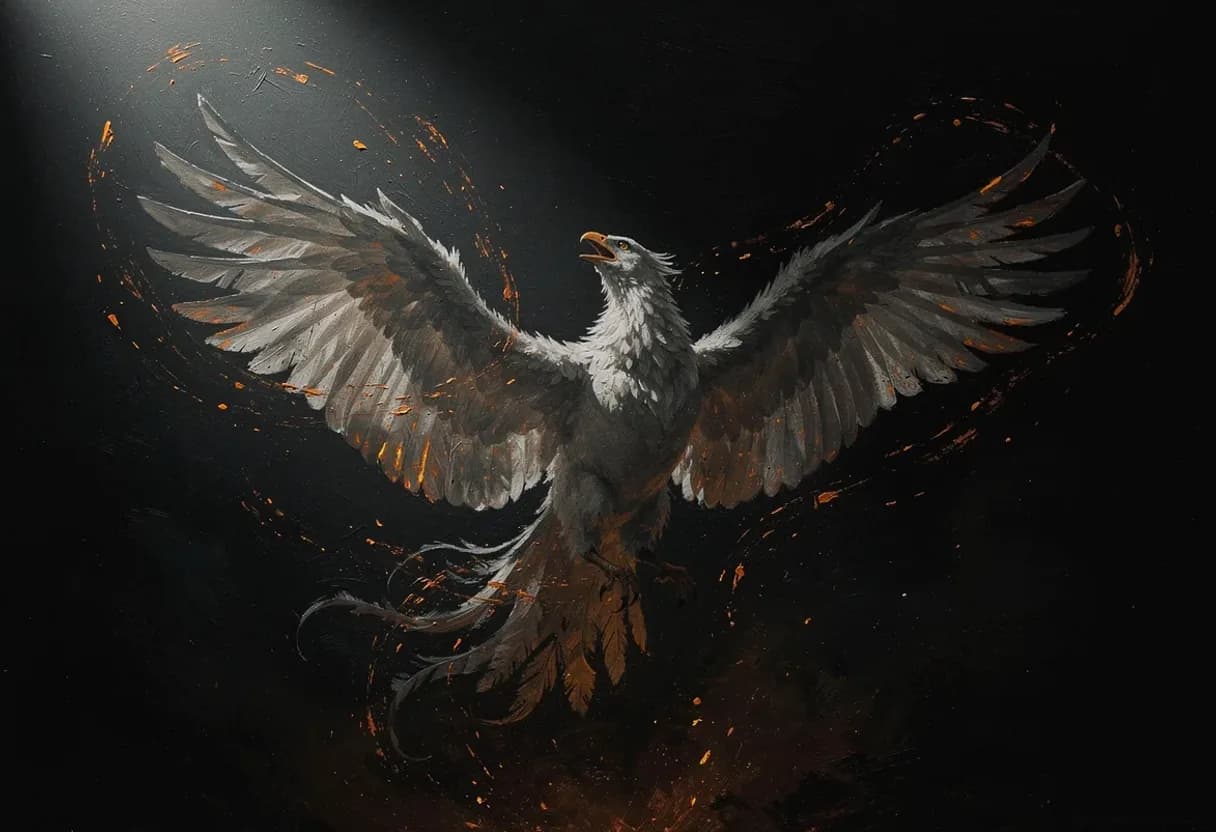 A phoenix opening its wings as embers stream off the primaries, head thrown back — painted with Leaxor