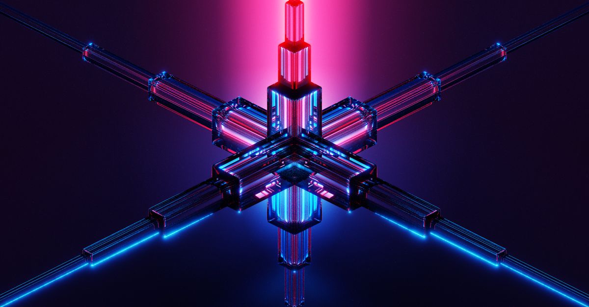 A symmetric neon-lit 3D digital render in pink and blue on a dark background — the kind of abstract generative art Flux and Midjourney compete on